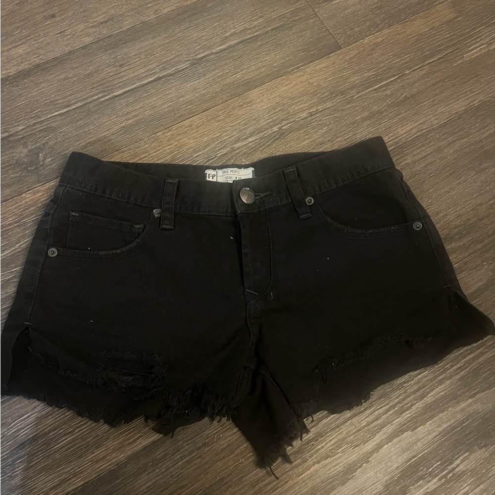 Free People Women’s Black Distressed Denim Button Fly Festival Cutoff Shorts